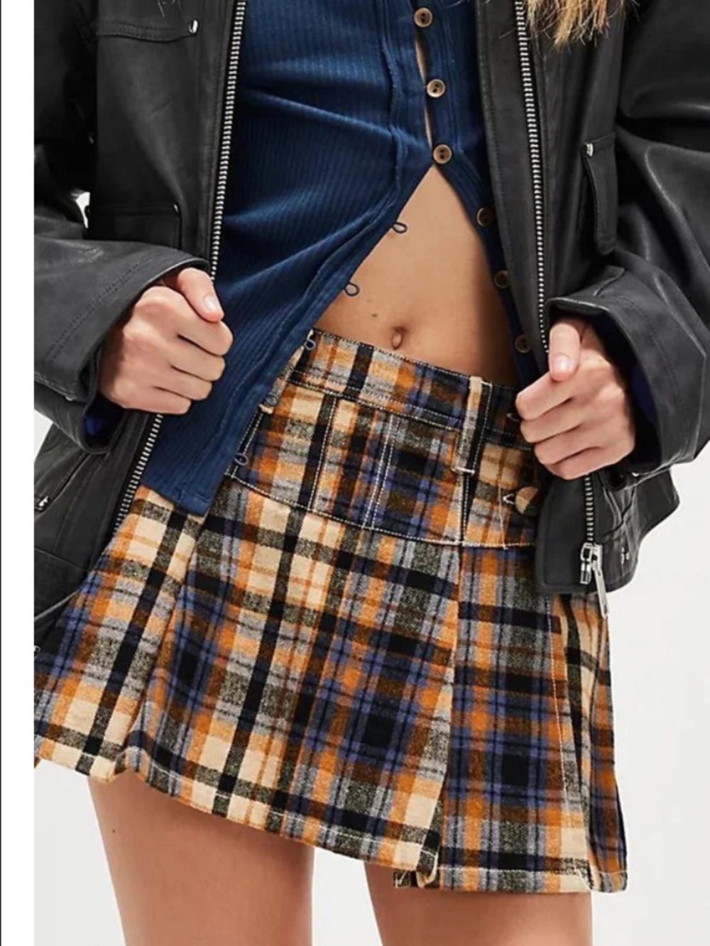 Plaid Pleated Mini Skirt in Mustard & Navy Free People size 12